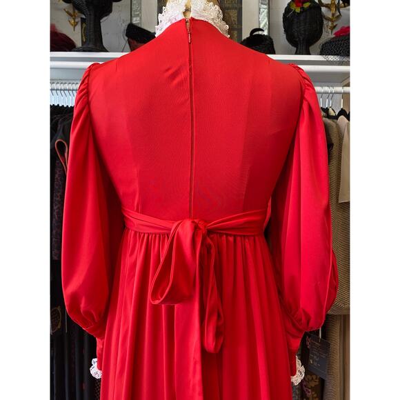 vintage 1970s red victorian style maxi dress lace bib balloon sleeves small - Picture 9 of 10
